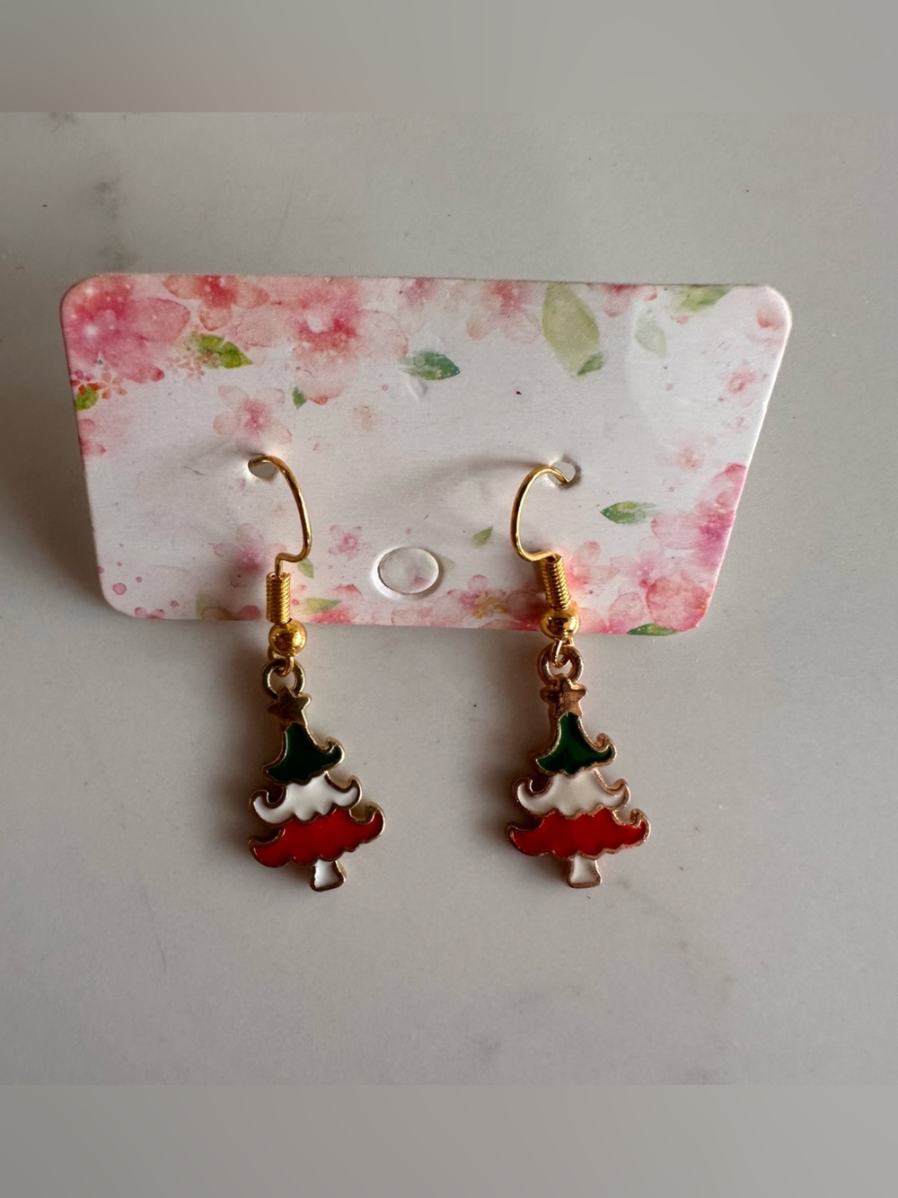 Gold-Tone Red Green White Enamel Christmas Tree Drop Earrings